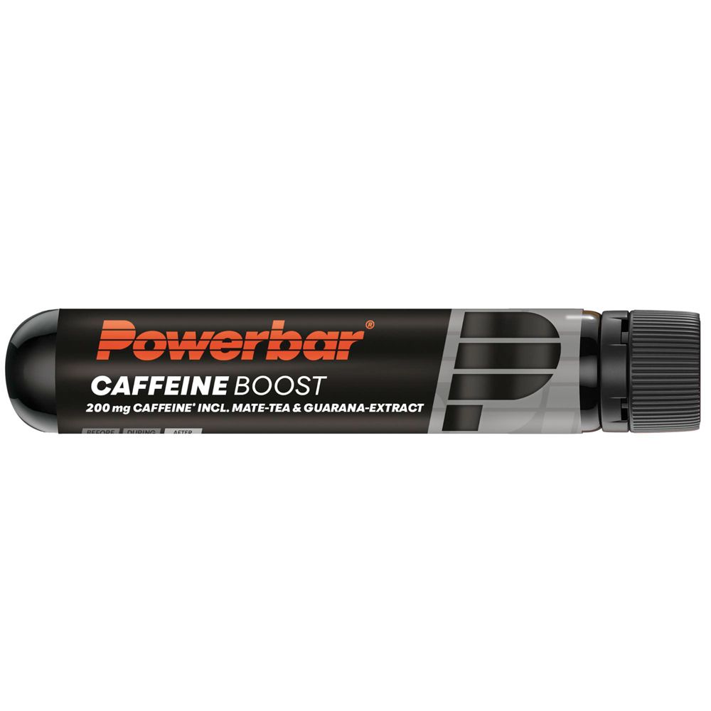 Flacon PowerBar CAFFEINEBOOST. Noir avec lettrage orange. Contient 200mg de caféine. Bouchon noir.