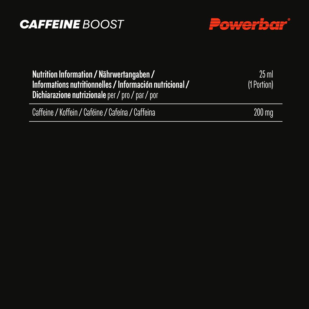 Informations nutritionnelles pour PowerBar CAFFEINEBOOST. 25 ml (1 portion). 200 mg de caféine.