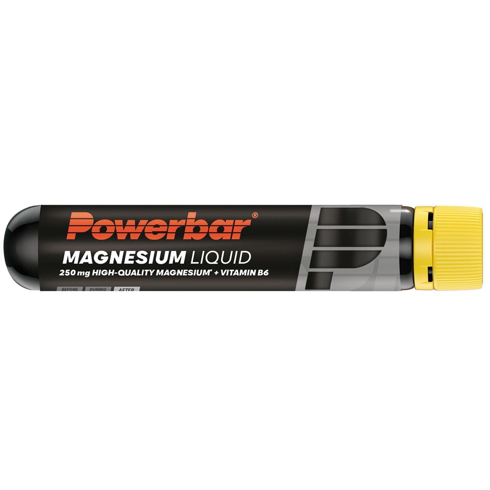 PowerBar Magnesium Liquid. Ampoule noire avec bouchon jaune. Inscription: PowerBar, Magnesium Liquid, 250mg magnésium + vitamine B6.