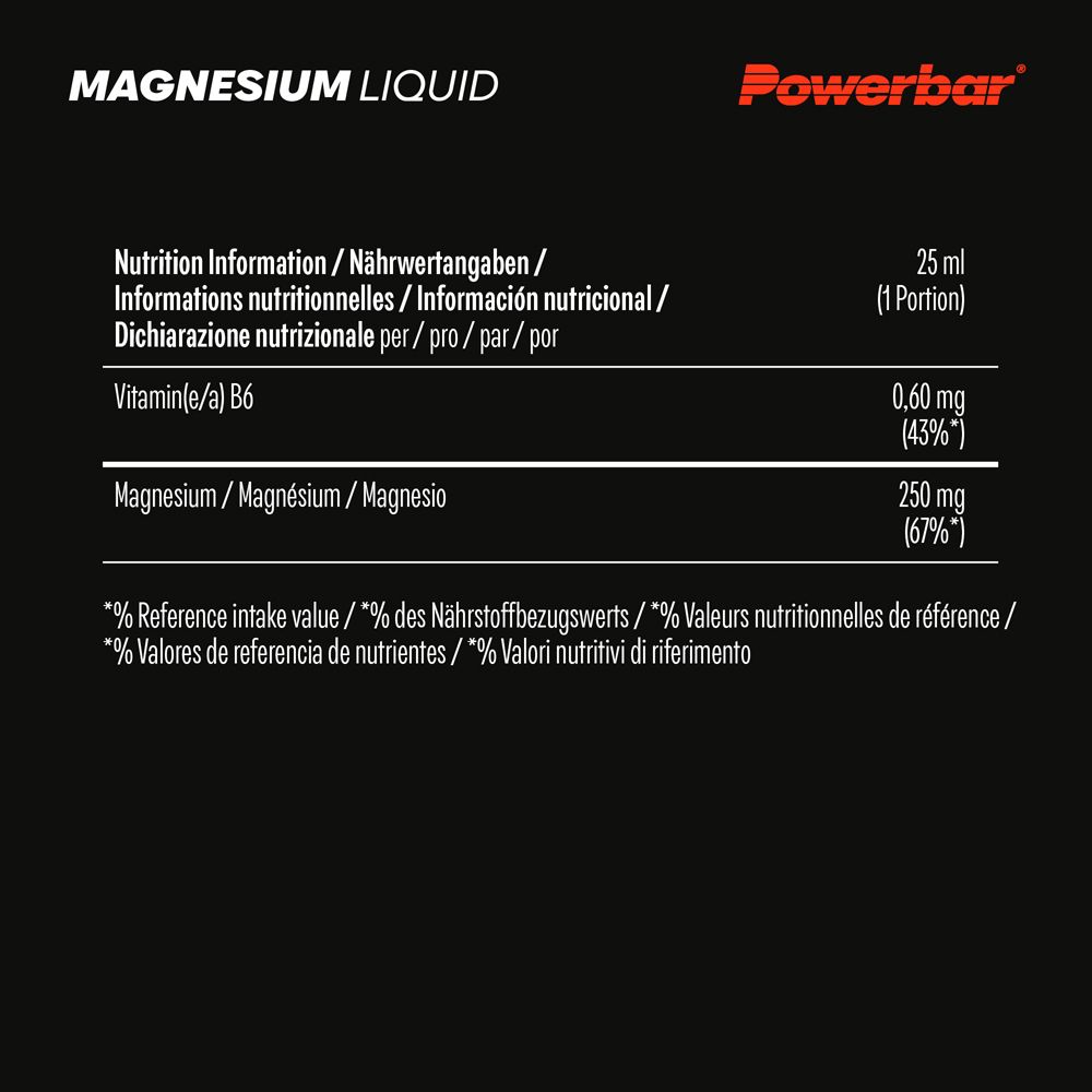 Informations nutritionnelles pour PowerBar Magnesium Liquid. Contient de la vitamine B6 et du magnésium. Fond noir avec texte blanc.