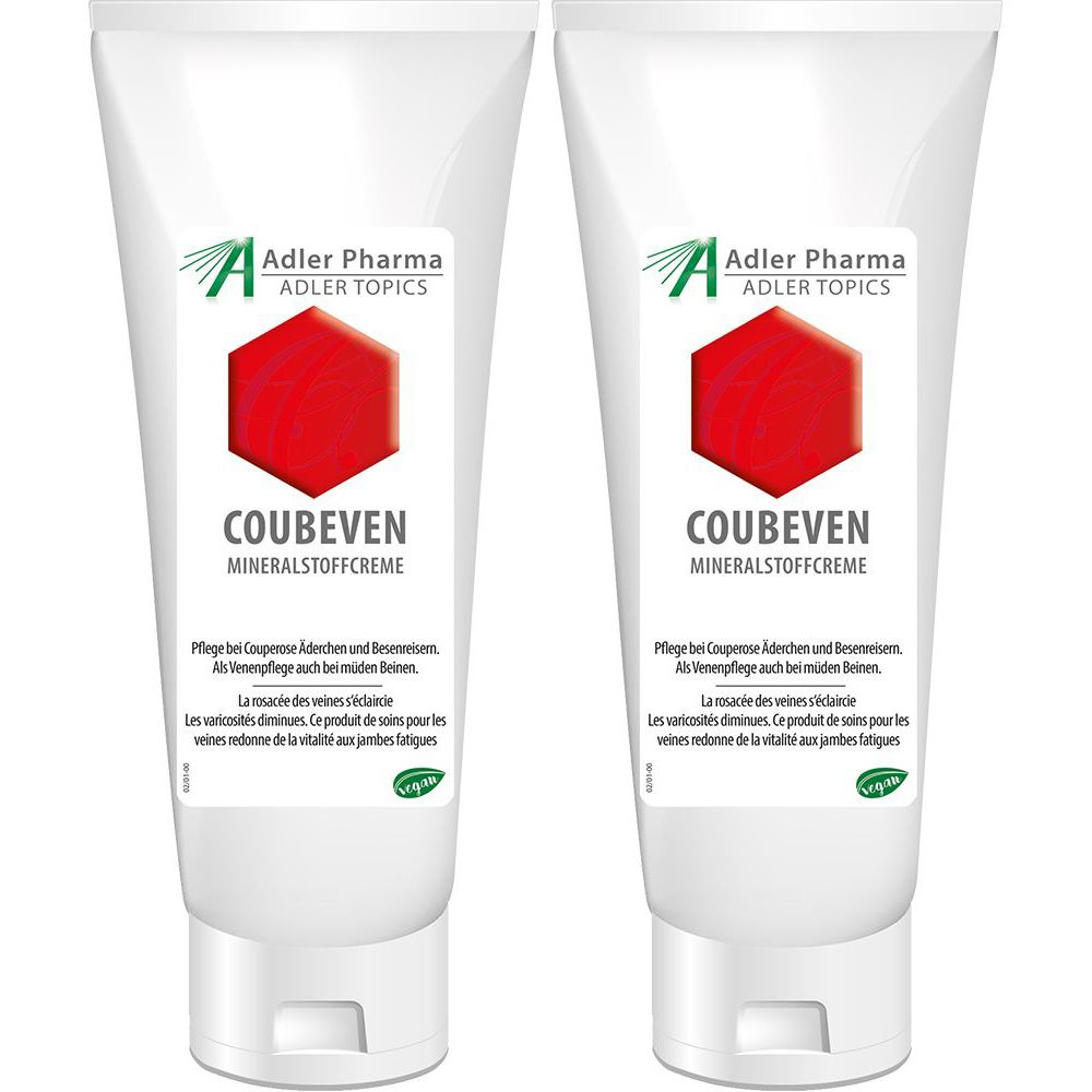 Deux tubes de crème minérale COUBEVEN. Blanc, avec logo rouge et texte. Adler Pharma.