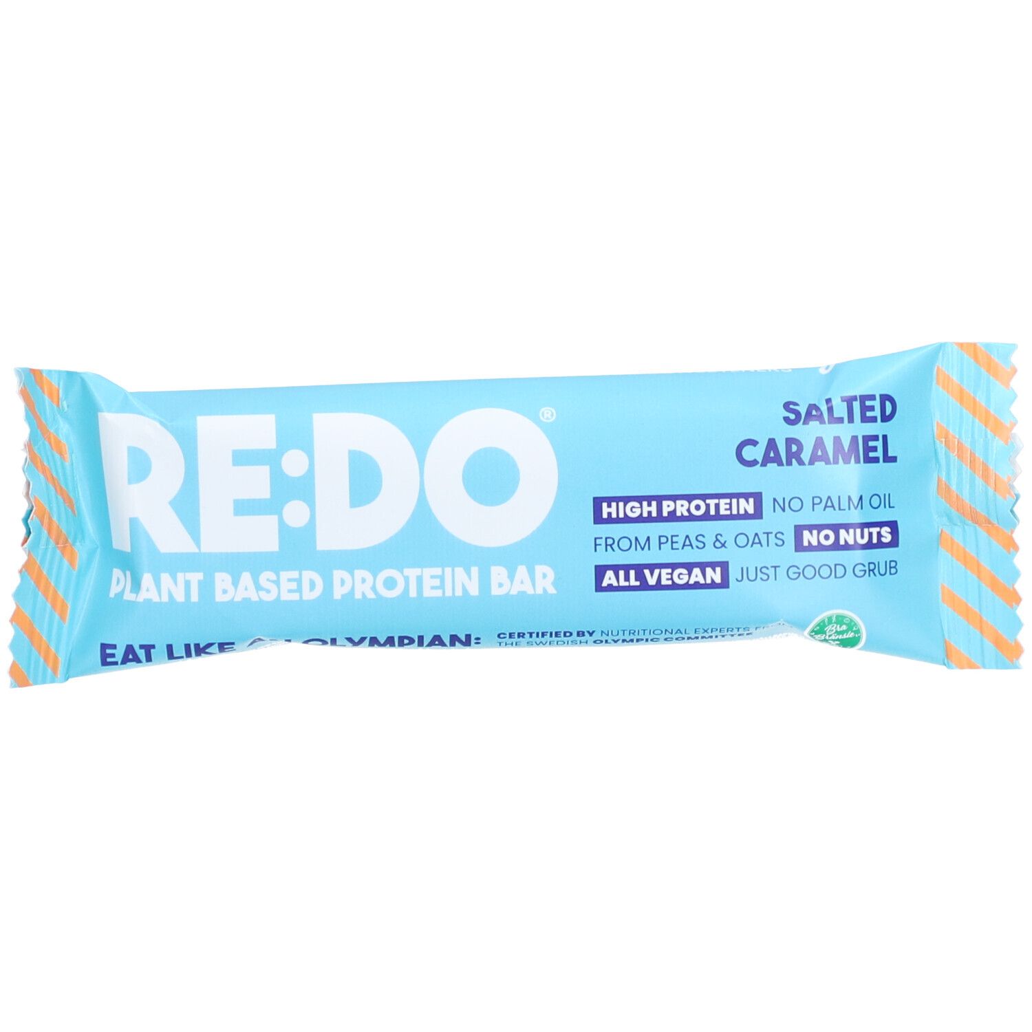 Barre dans un emballage bleu clair. Inscription RE:DO, Salted Caramel, High Protein, vegan. Design rayé sur les bords.