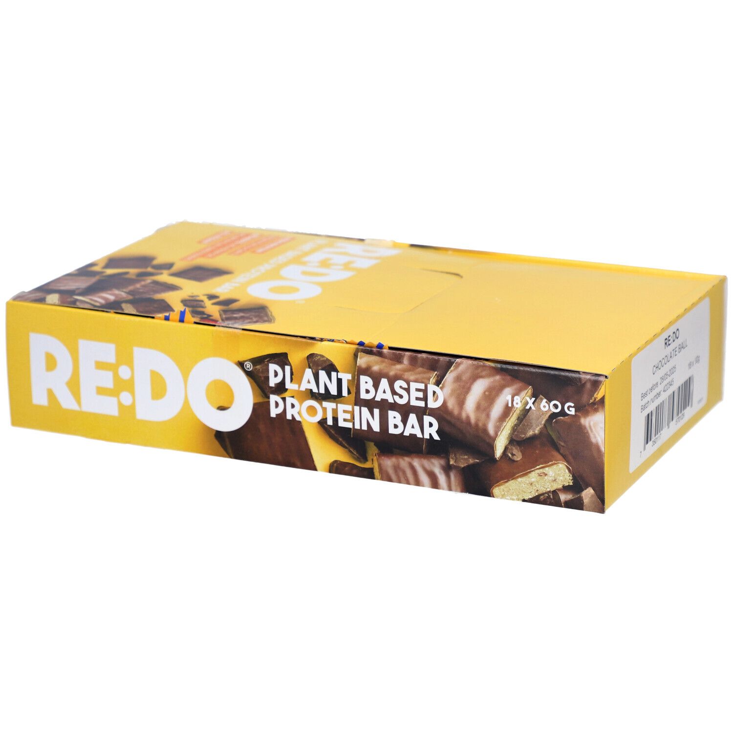 Boîte jaune avec logo RE:DO et texte. Inscription : Plant Based Protein Bar. Contient 18 barres de 60g.
