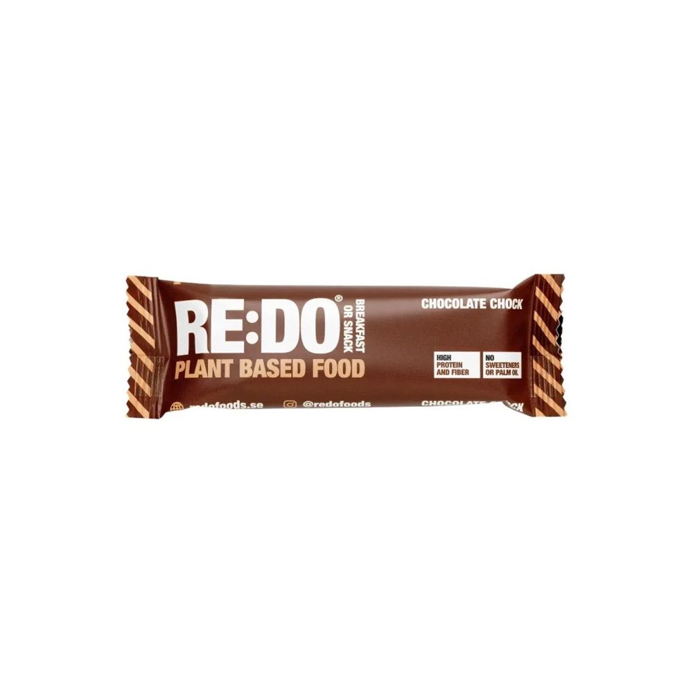 Barre chocolatée "RE:DO". Emballage marron avec texte blanc. "Chocolate Chock" est écrit sur l'emballage.