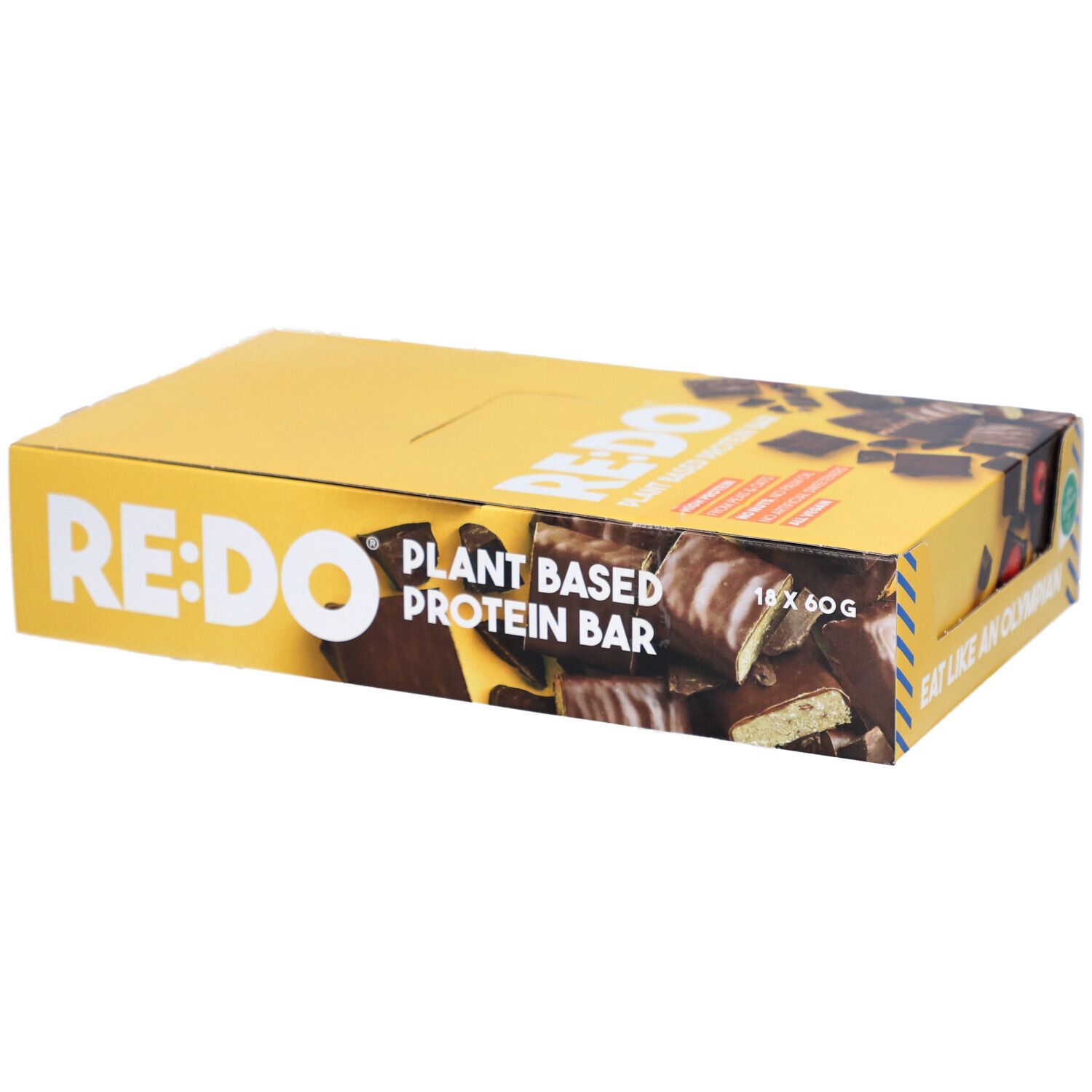 Boîte jaune de barres chocolatées RE:DO. Inscription : Plant Based Protein Bar. Contient 18 barres de 60g. Bandes bleues.