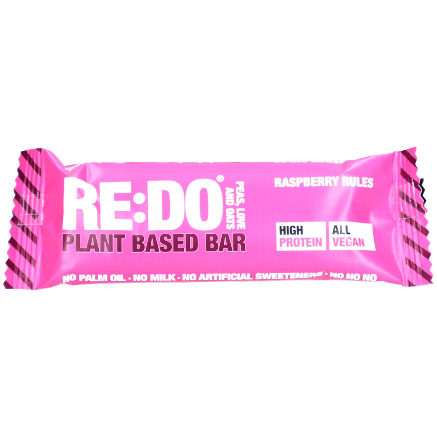 Emballage de barre rose avec texte RE:DO Plant Based Bar. Contient des informations sur les protéines et le végétalisme. Goût framboise.