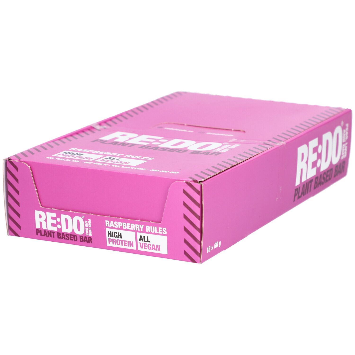 Boîte rose "RE:DO" avec "Raspberry Rules". Contient "High Protein" et "Vegan". Emballage de barres protéinées végétales.