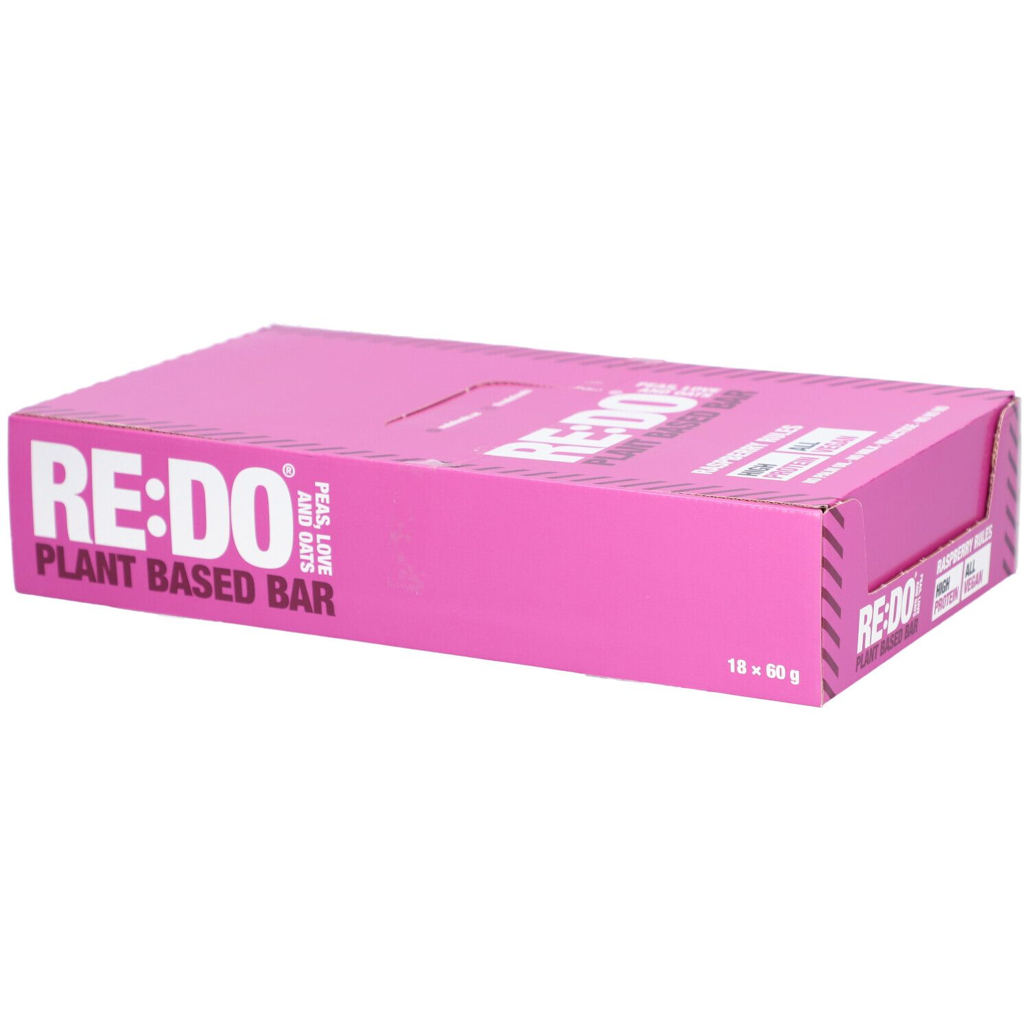 Boîte rose "RE:DO" avec "Peas, Love and Oats". Emballage de barres protéinées.
