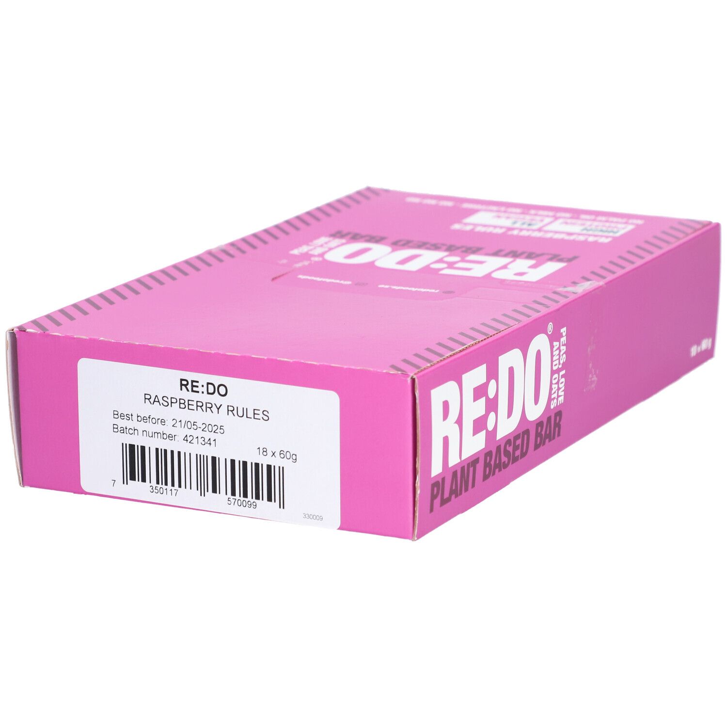 Boîte rose "RE:DO" avec "Raspberry Rules". Date de péremption et numéro de lot. Emballage de barres protéinées.