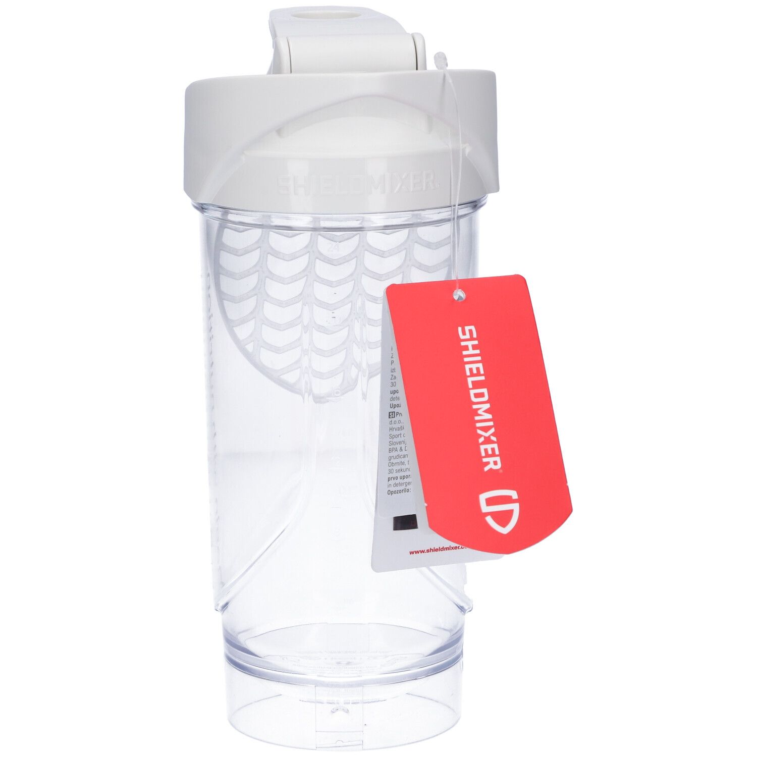 Shaker blanc avec couvercle blanc. Récipient transparent. Étiquette rouge avec texte. Sans boule de mélange.