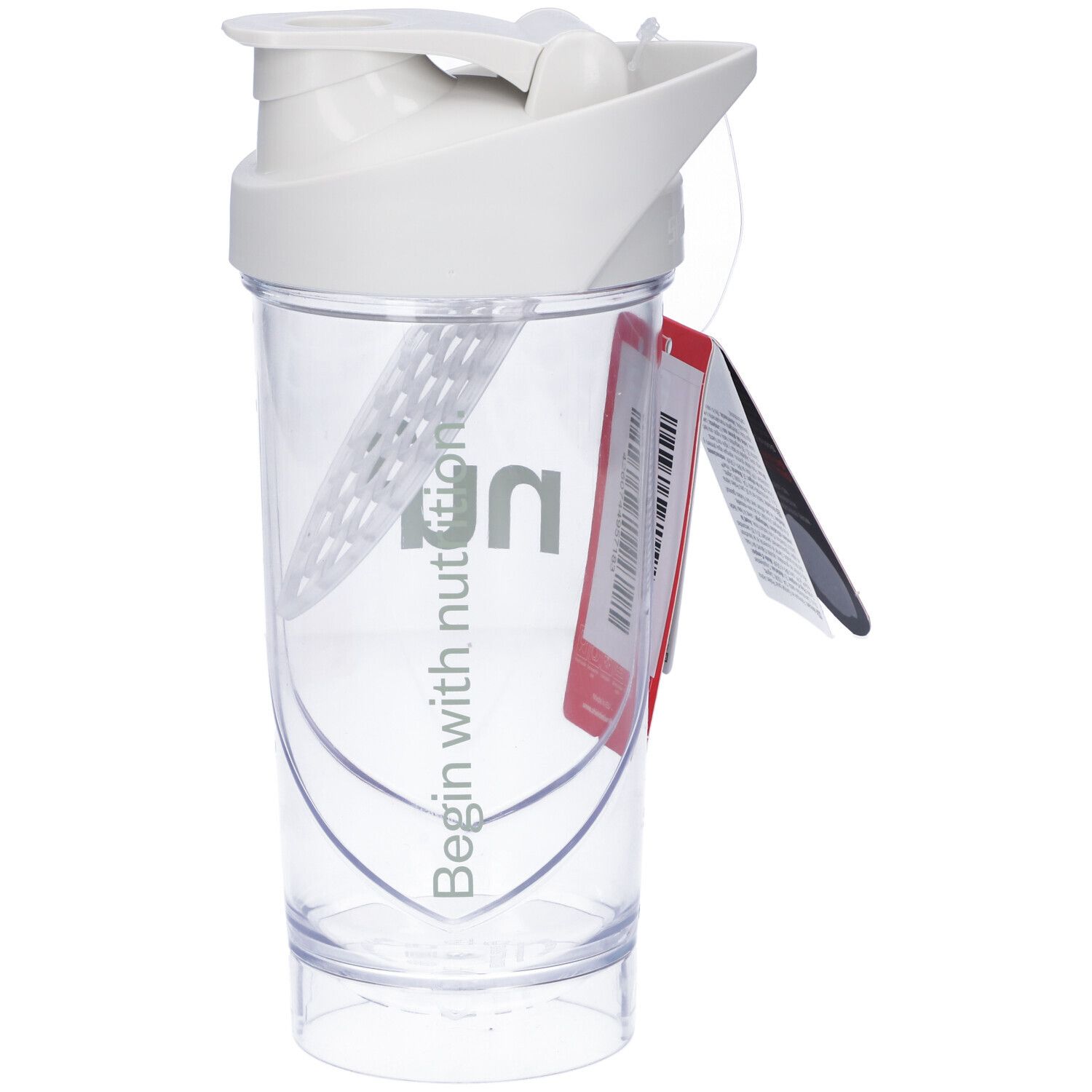 Shaker blanc avec couvercle blanc et logo vert. Récipient transparent. Étiquette rouge avec texte. Comprend une boule.