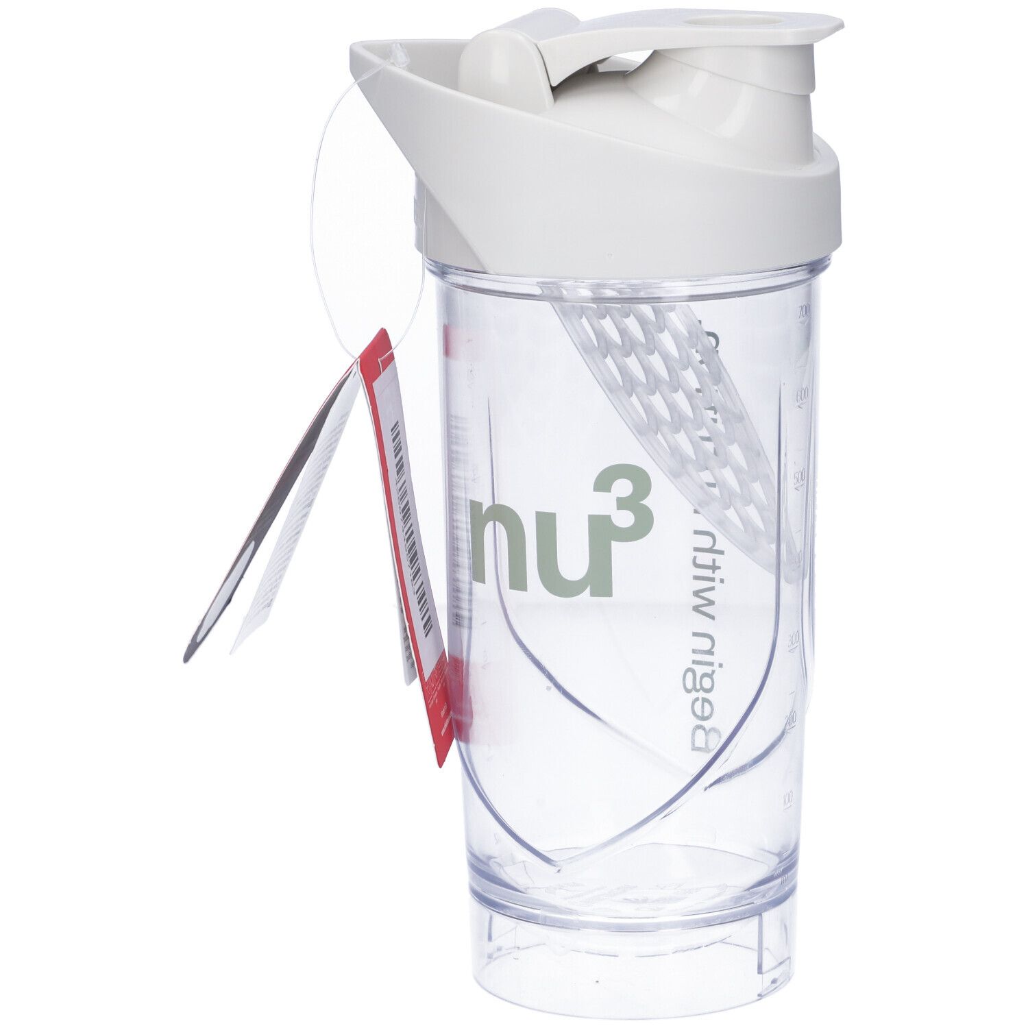 Shaker blanc avec couvercle blanc et logo vert. Récipient transparent. Étiquette rouge avec texte. Sans boule de mélange.