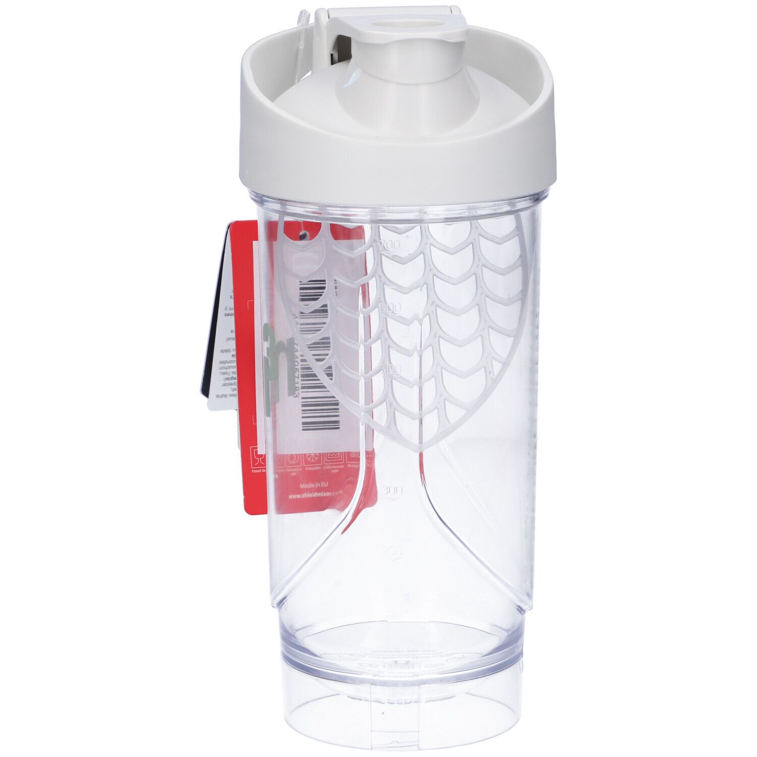 Shaker blanc avec couvercle blanc. Récipient transparent. Étiquette rouge avec texte. Sans boule de mélange.