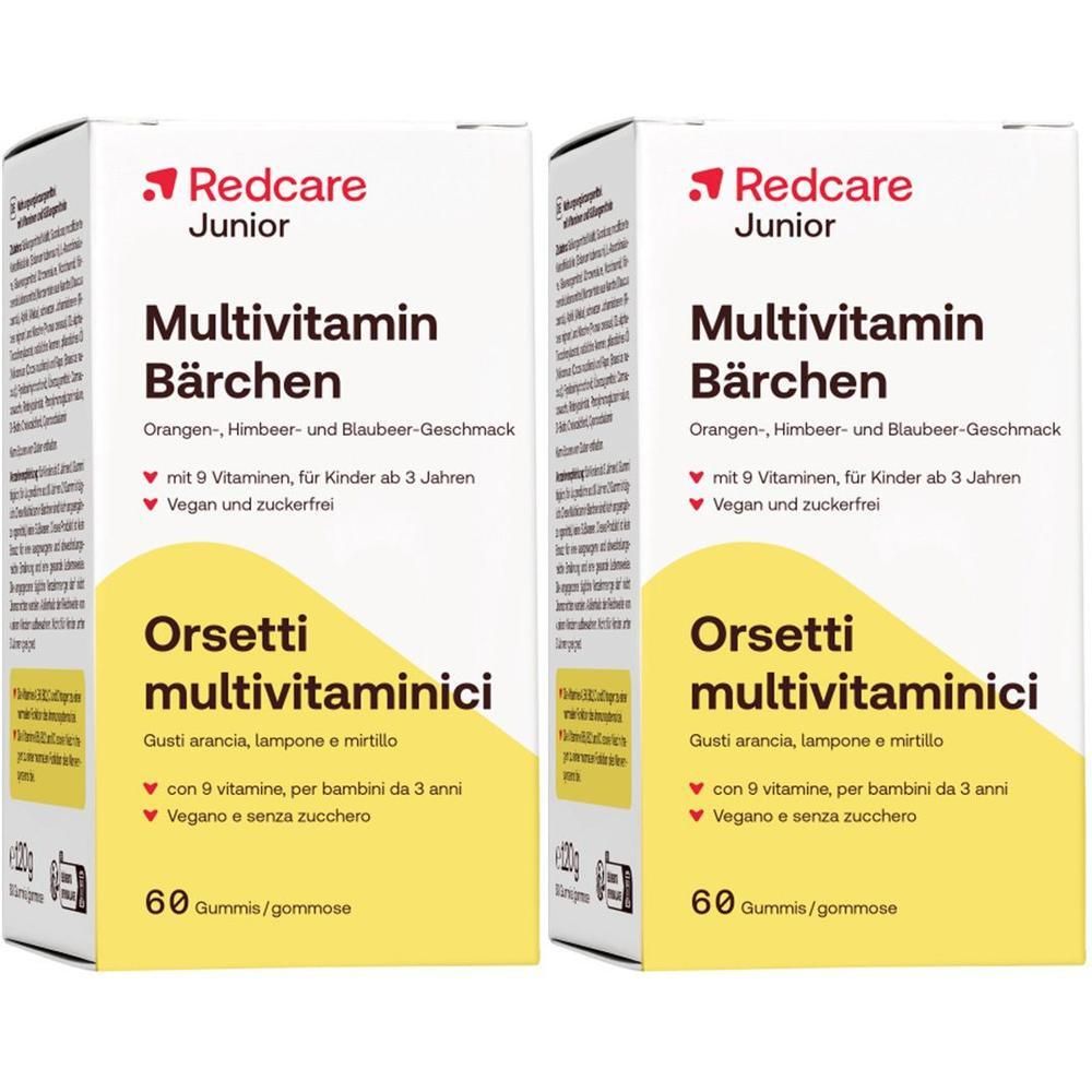 Deux paquets de oursons multivitaminés Redcare Junior, 60 oursons par paquet, avec offre 2=1.