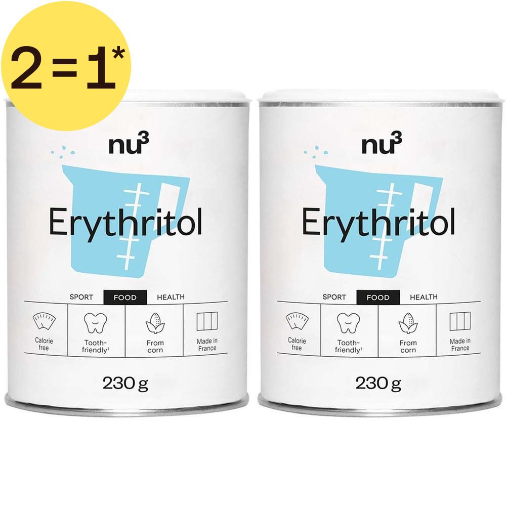 Deux boîtes de nu3 Érythritol, chacune 230g. Sans calories, respectueux des dents, à base de maïs, fabriqué en France.