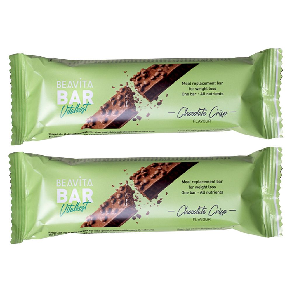 Deux emballages de barres vertes avec le logo "BEAVITA BAR Vitaler Kost" et la saveur "Chocolate Crisp". Inscription : Substitut de repas pour la perte de poids.