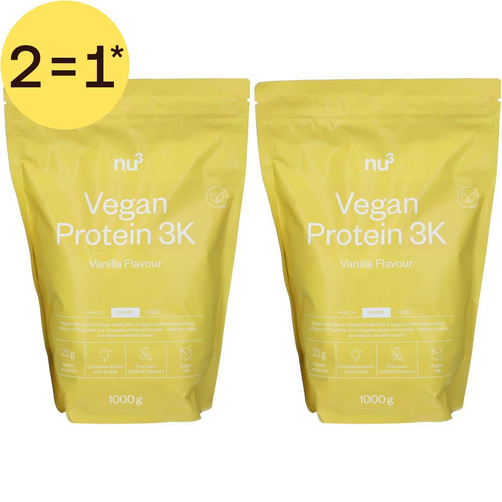 Deux sachets de nu3 Vegan Protein 3K Saveur Vanille, 1000g.