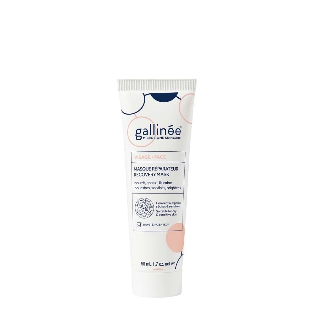 Tube blanc gallinée™ avec logo et texte. "Visage + Face" et "Masque Réparateur Recovery Mask" sont visibles.