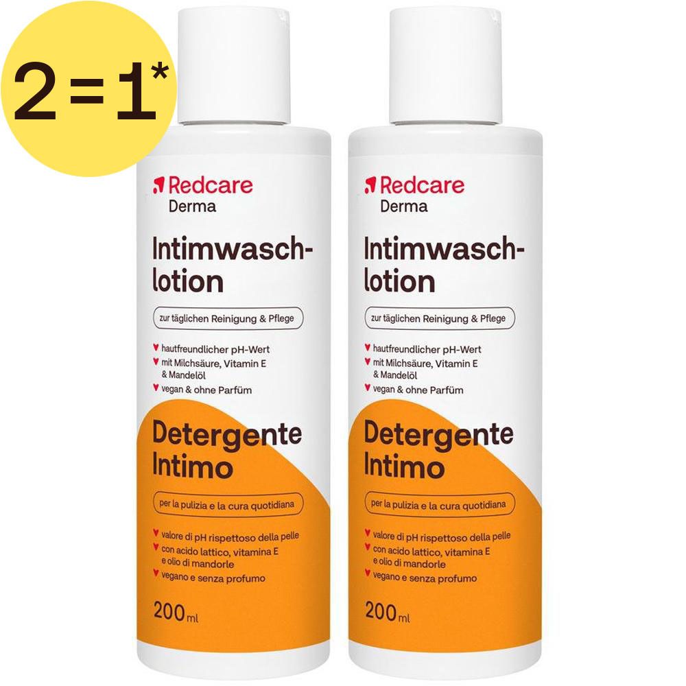 Deux flacons de lotion de lavage intime Redcare Derma, 200ml chacun, offre "2=1".