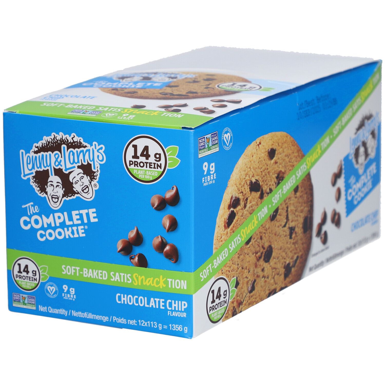 Boîte de Lenny & Larry's The Complete Cookie Chocolate Chip. Emballage bleu avec image de cookie et texte. 14g de protéines.