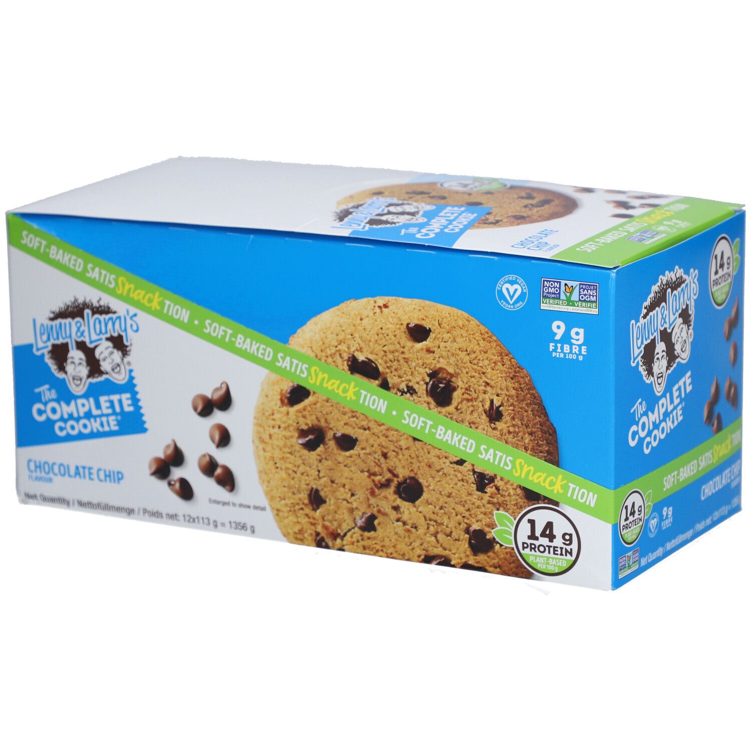 Boîte de Lenny & Larry's The Complete Cookie Chocolate Chip. Emballage bleu avec image de cookie et texte. 14g de protéines.