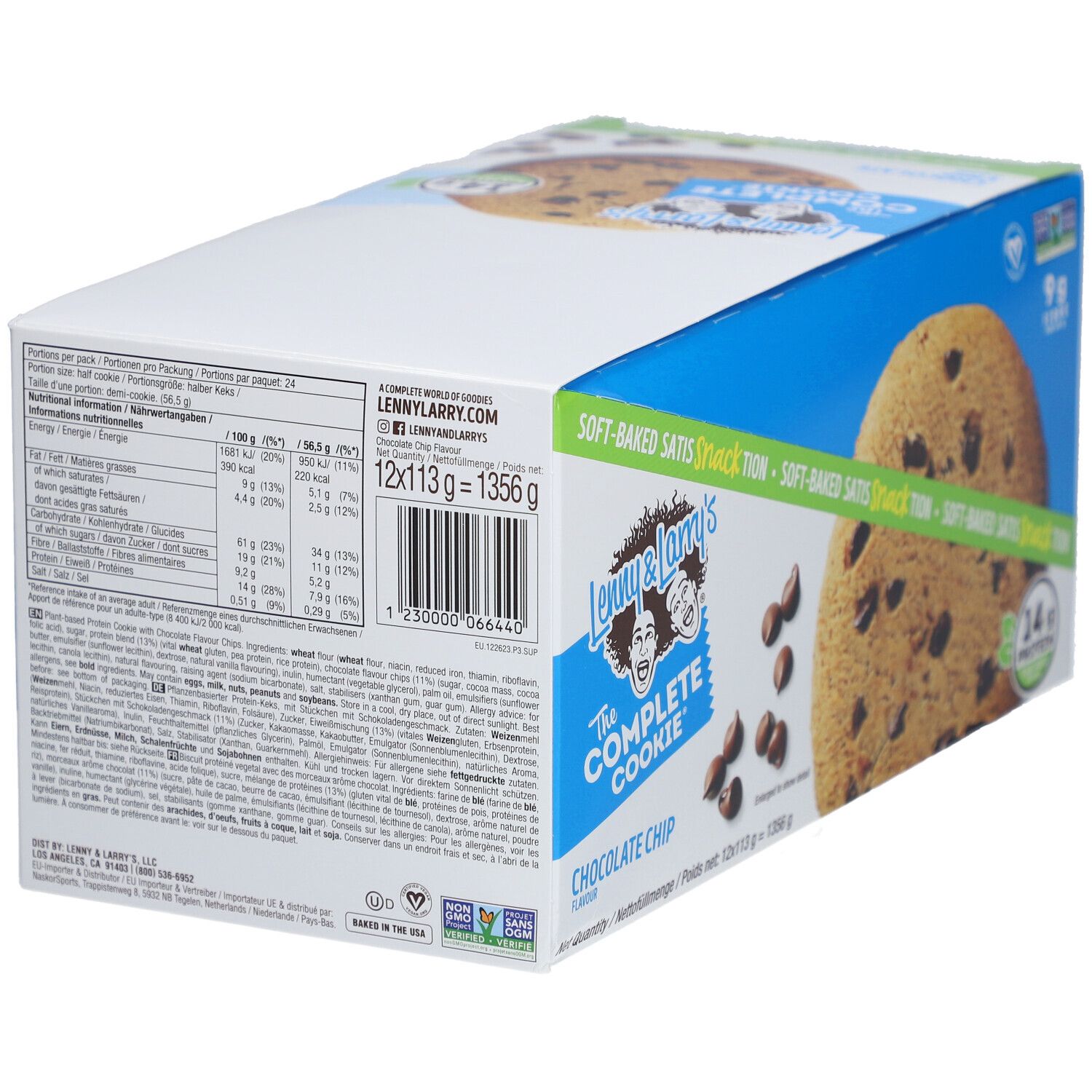 Dos de l'emballage de Lenny & Larry's The Complete Cookie Chocolate Chip. Texte avec informations nutritionnelles et ingrédients.