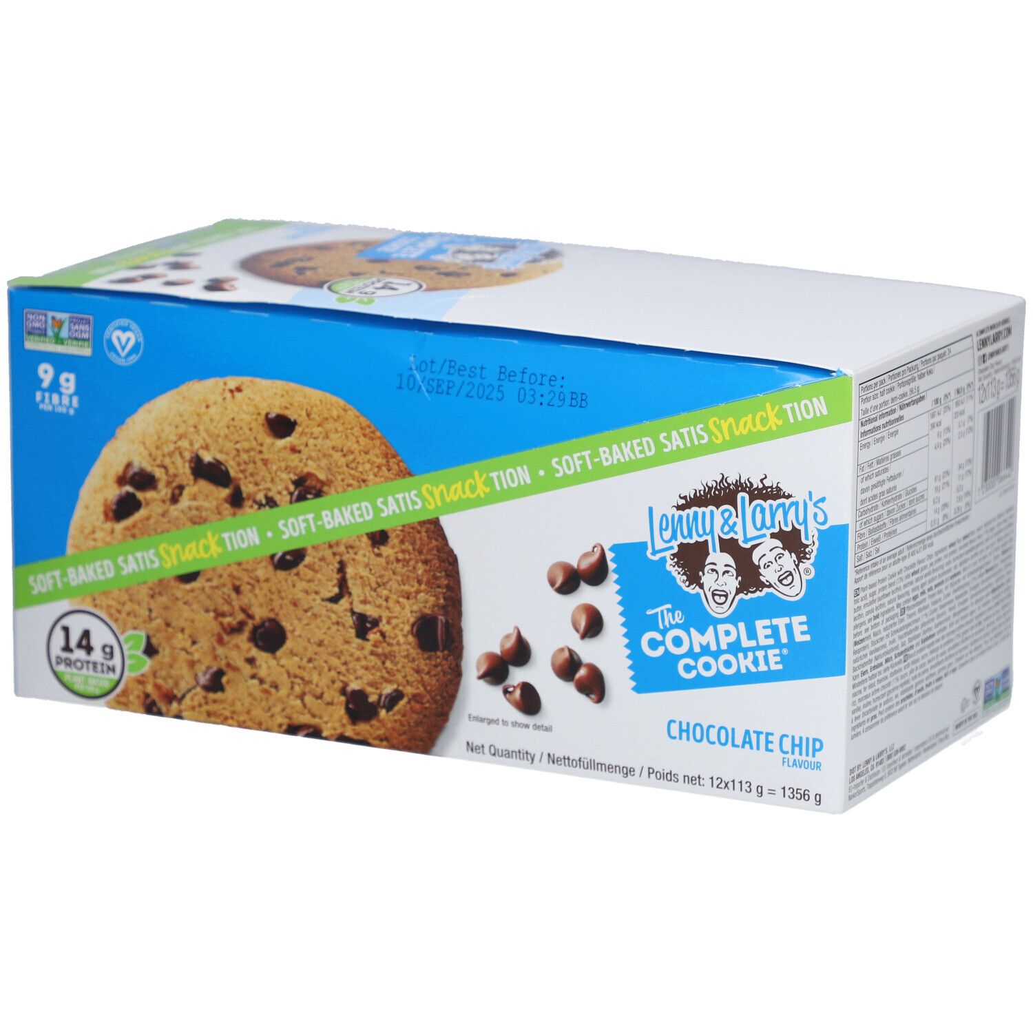 Boîte de Lenny & Larry's The Complete Cookie Chocolate Chip. Emballage bleu avec image de cookie et texte. 14g de protéines.