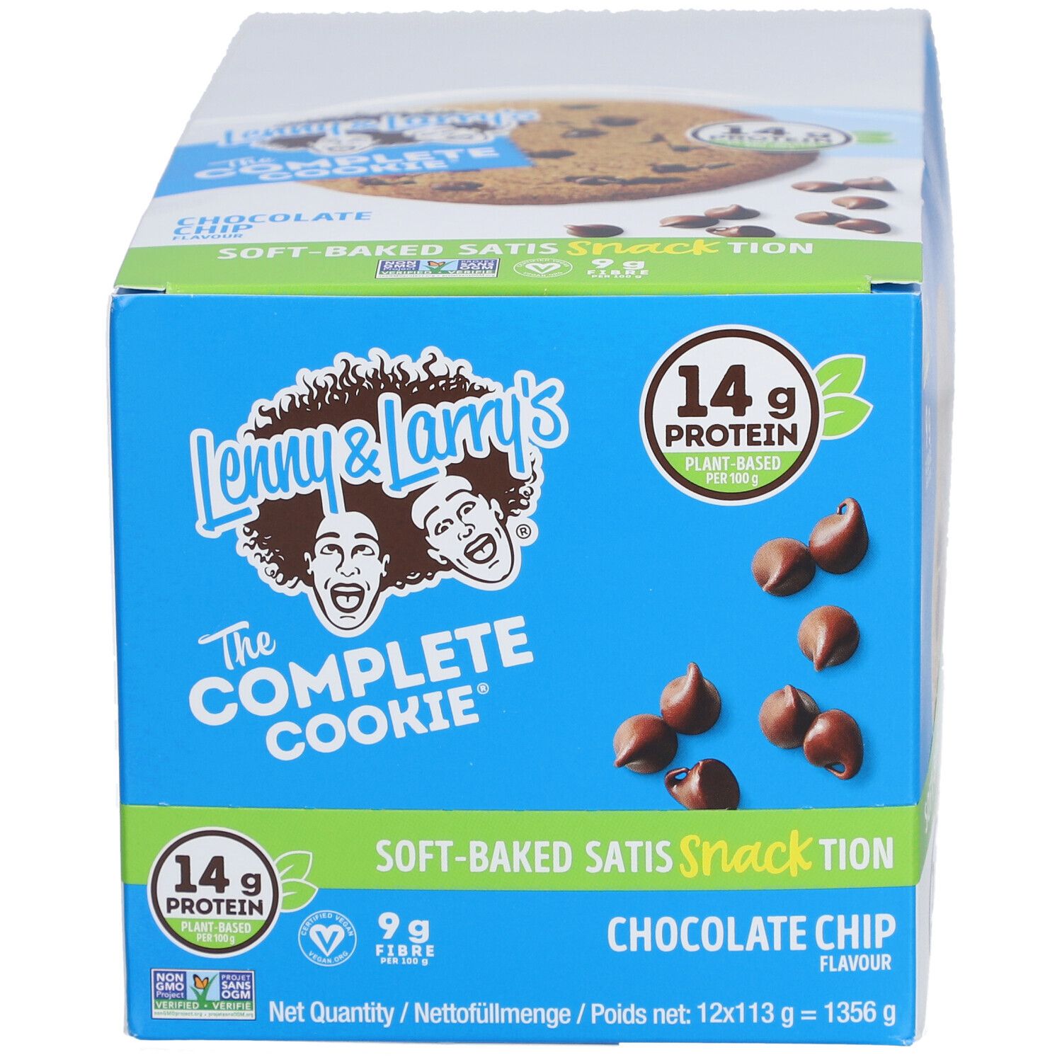 Boîte de Lenny & Larry's The Complete Cookie Chocolate Chip. Emballage bleu avec image de cookie et texte. 14g de protéines.