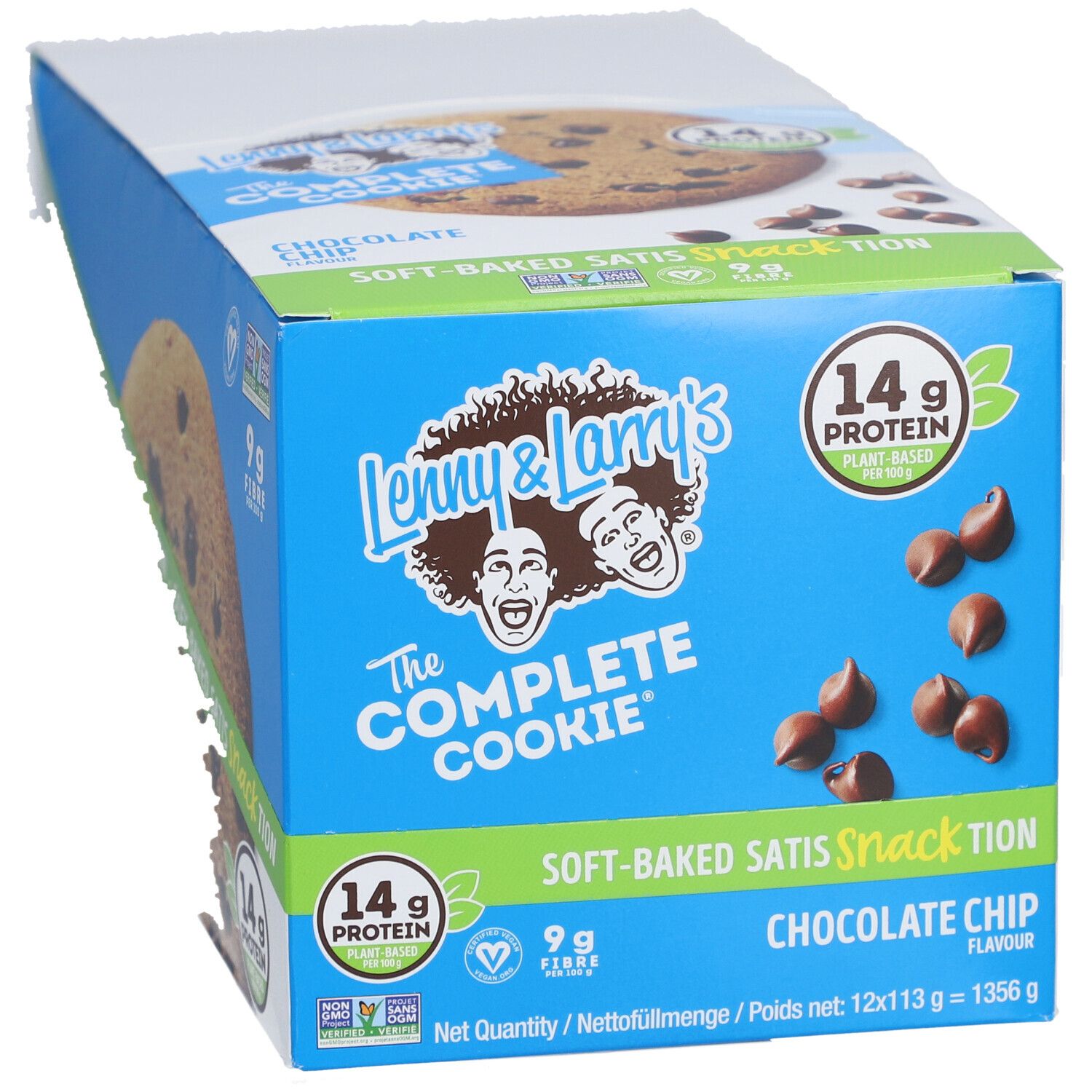 Boîte de Lenny & Larry's The Complete Cookie Chocolate Chip. Emballage bleu avec image de cookie et texte. 14g de protéines.