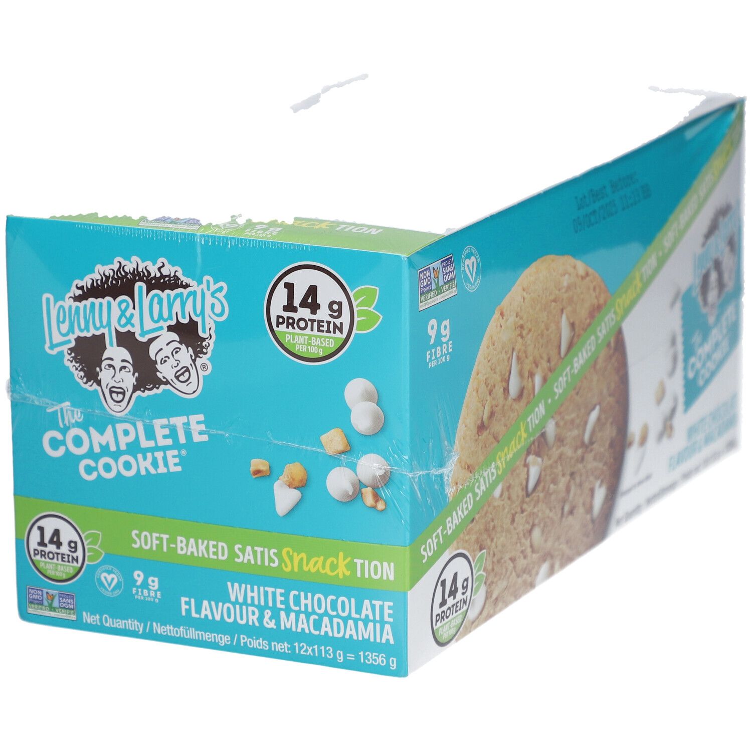 Boîte de Lenny & Larry's The Complete Cookie® White Chocolate Flavored Macadamia. Emballage bleu avec image de cookie et informations produit.