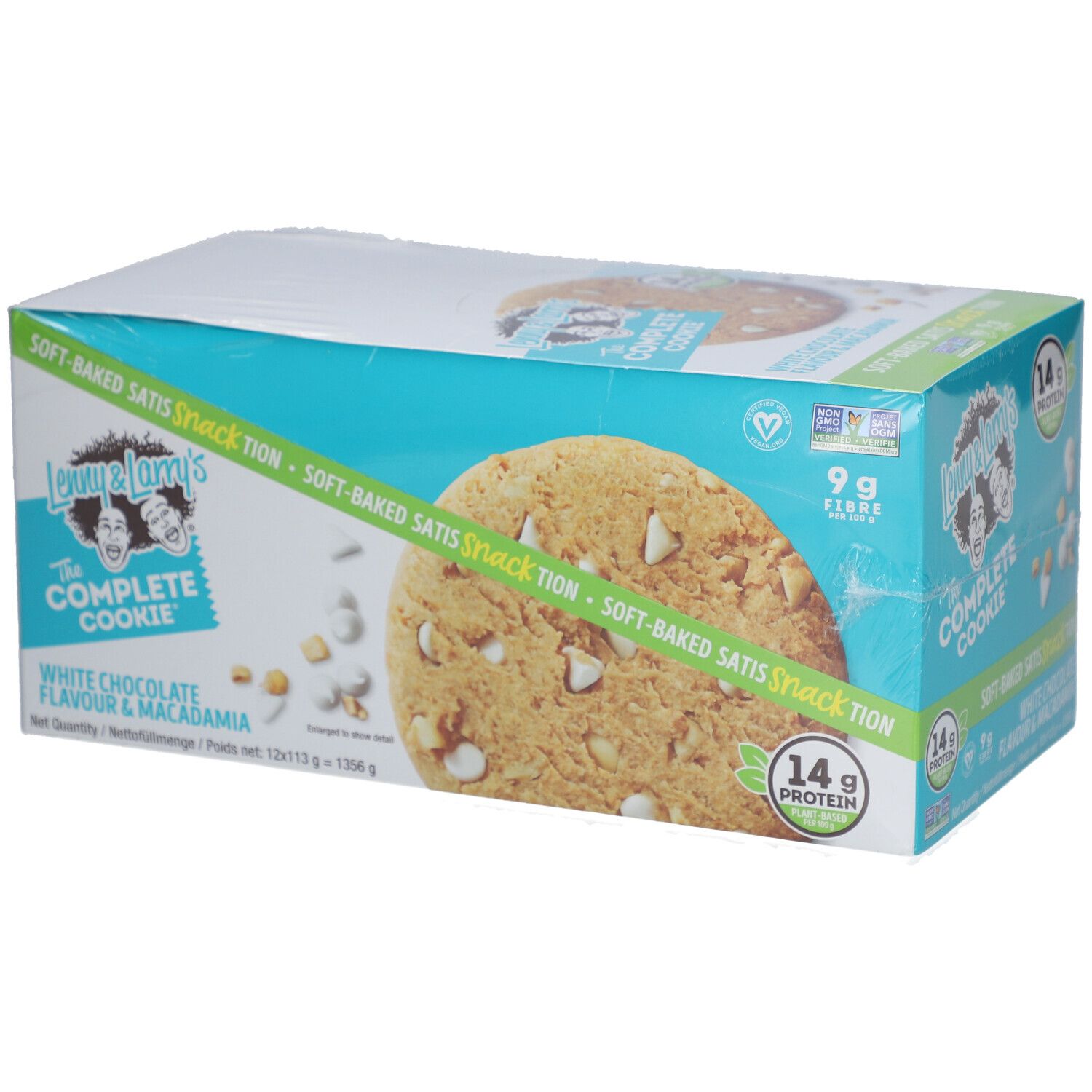 Boîte de Lenny & Larry's The Complete Cookie®. Emballage bleu avec image de cookie et informations produit. Visible: White Chocolate Flavored Macadamia.
