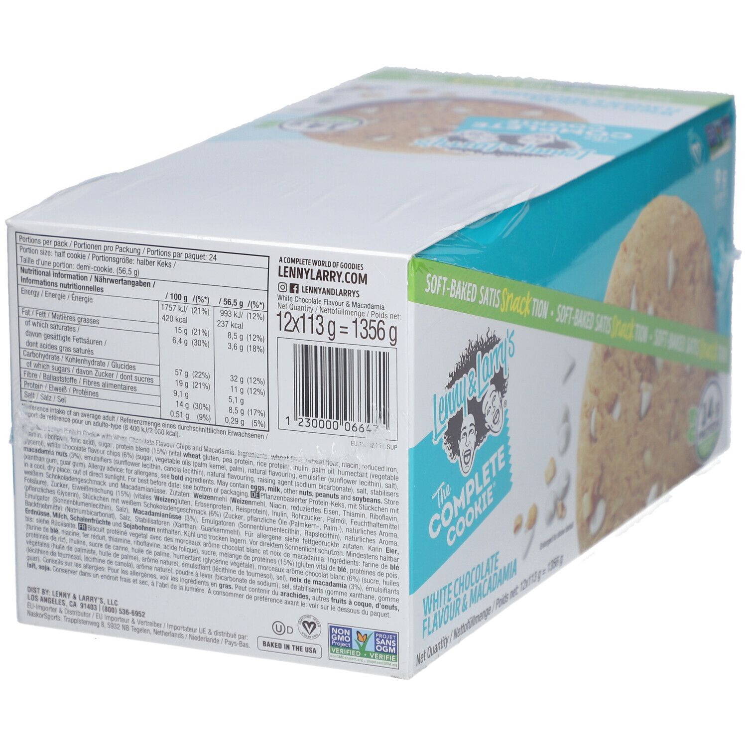 Dos de la boîte de Lenny & Larry's The Complete Cookie® White Chocolate Flavored Macadamia. Contient informations nutritionnelles et liste des ingrédients.
