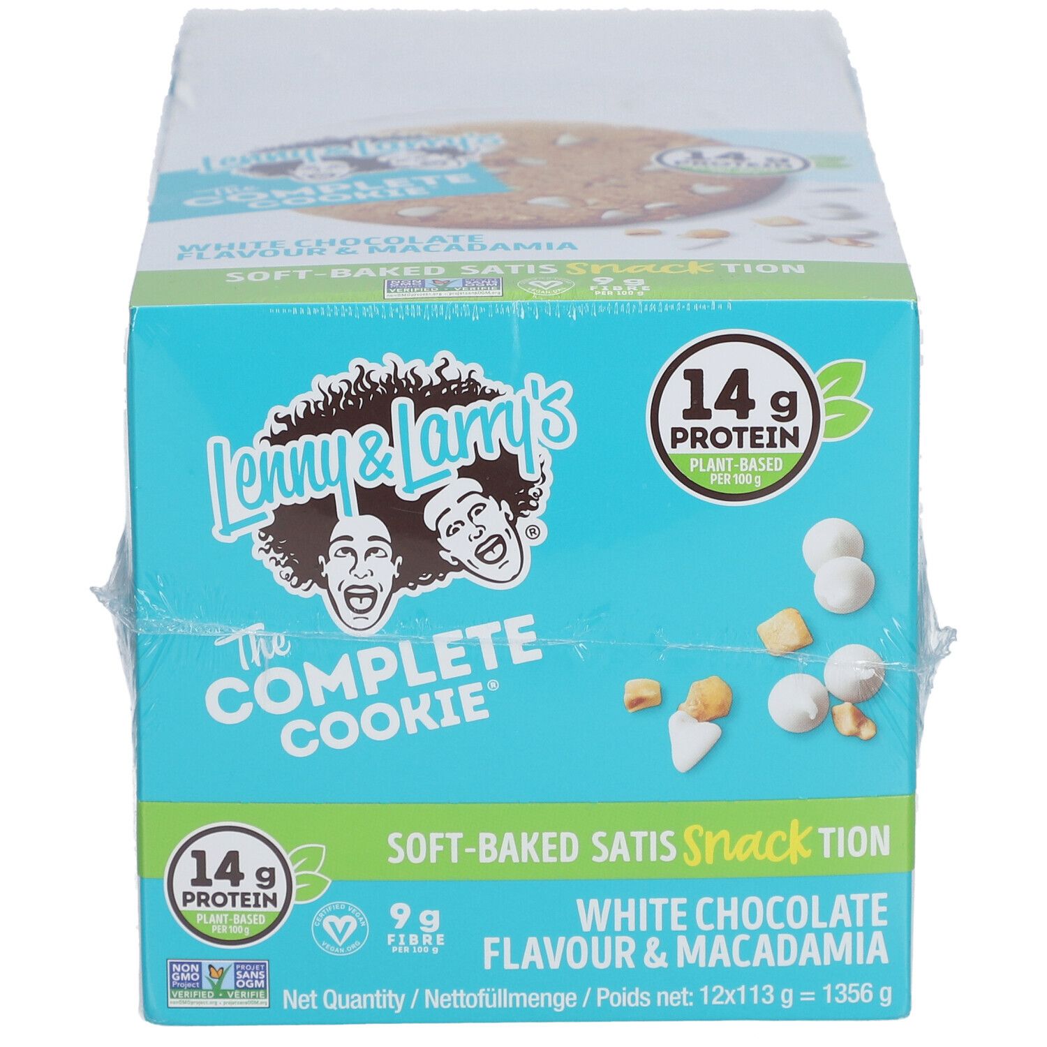 Boîte de Lenny & Larry's The Complete Cookie® White Chocolate Flavored Macadamia. Emballage bleu avec logo et informations nutritionnelles.