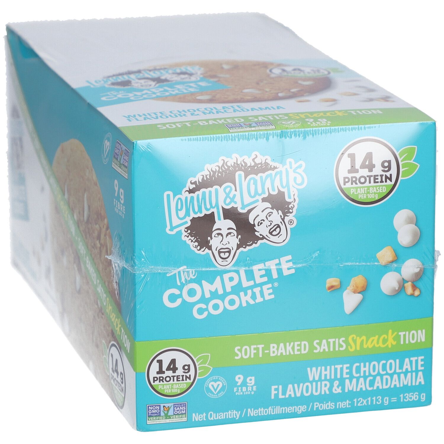 Boîte de Lenny & Larry's The Complete Cookie® White Chocolate Flavored Macadamia. Emballage bleu avec logo et informations nutritionnelles.