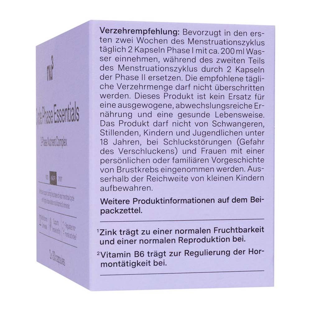 Dos de la boîte "nu3 Cycle Phase Essentials". Texte sur les recommandations d'utilisation et les ingrédients.