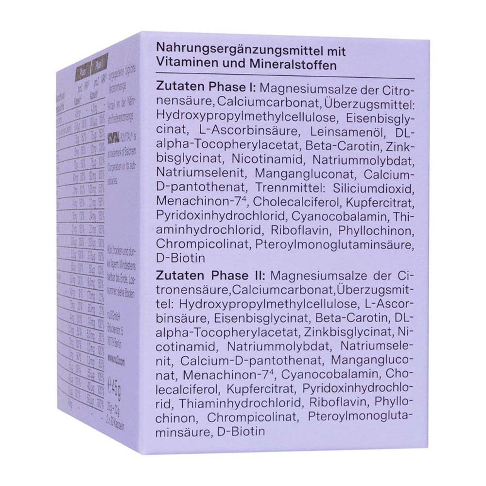 Dos de la boîte "nu3 Cycle Phase Essentials". Liste des ingrédients.