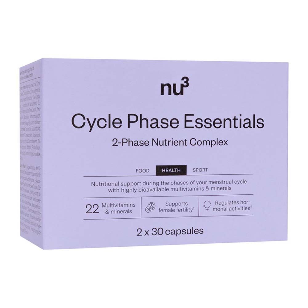 Boîte de "nu3 Cycle Phase Essentials". Inscription : Complexe nutritionnel 2 phases. Contient 2 x 30 gélules.