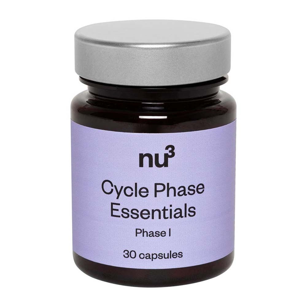 Flacon marron avec couvercle argenté. Inscription : "nu3 Cycle Phase Essentials Phase I 30 gélules".