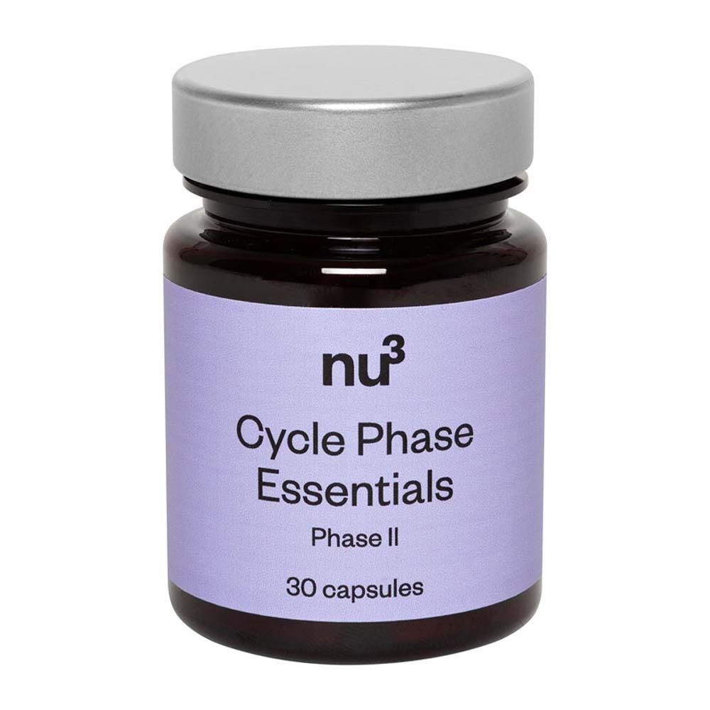 Flacon marron avec couvercle argenté. Inscription : "nu3 Cycle Phase Essentials Phase II 30 gélules".