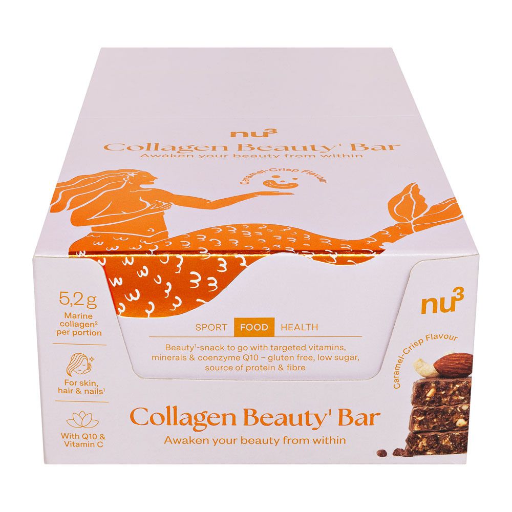 Boîte blanche de Collagen Beauty Bar. Illustration d'une sirène imprimée. Nom du produit et ingrédients.