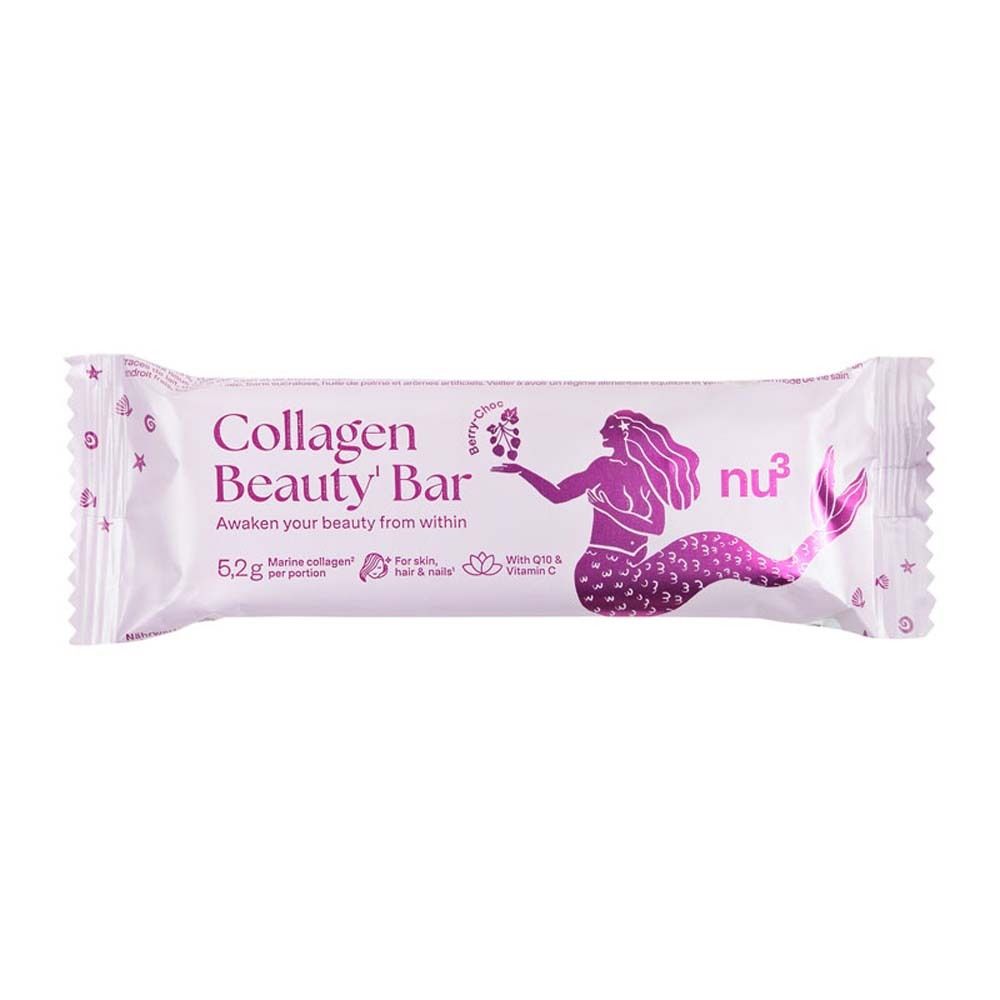 Barre Collagen Beauty Bar individuelle. Emballage blanc imprimé. Illustration de sirène et informations produit.