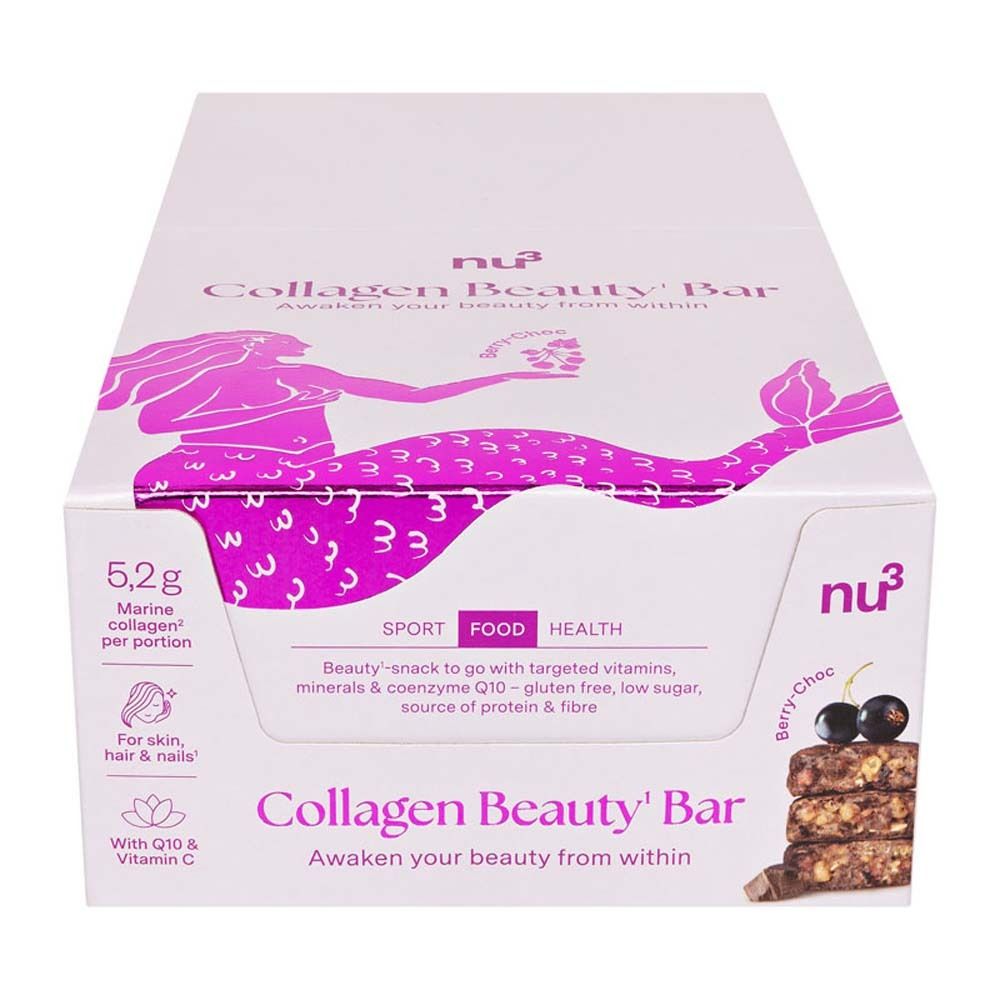 Boîte de barres Collagen Beauty Bar. Impression sirène, nom du produit et informations. Barres individuelles visibles.