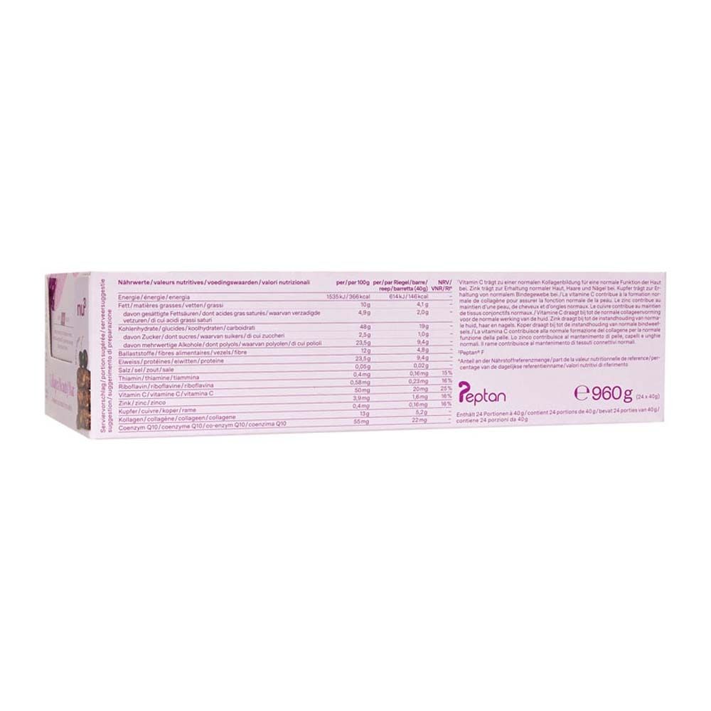 Dos de l'emballage avec informations produit en plusieurs langues. Texte et informations nutritionnelles.