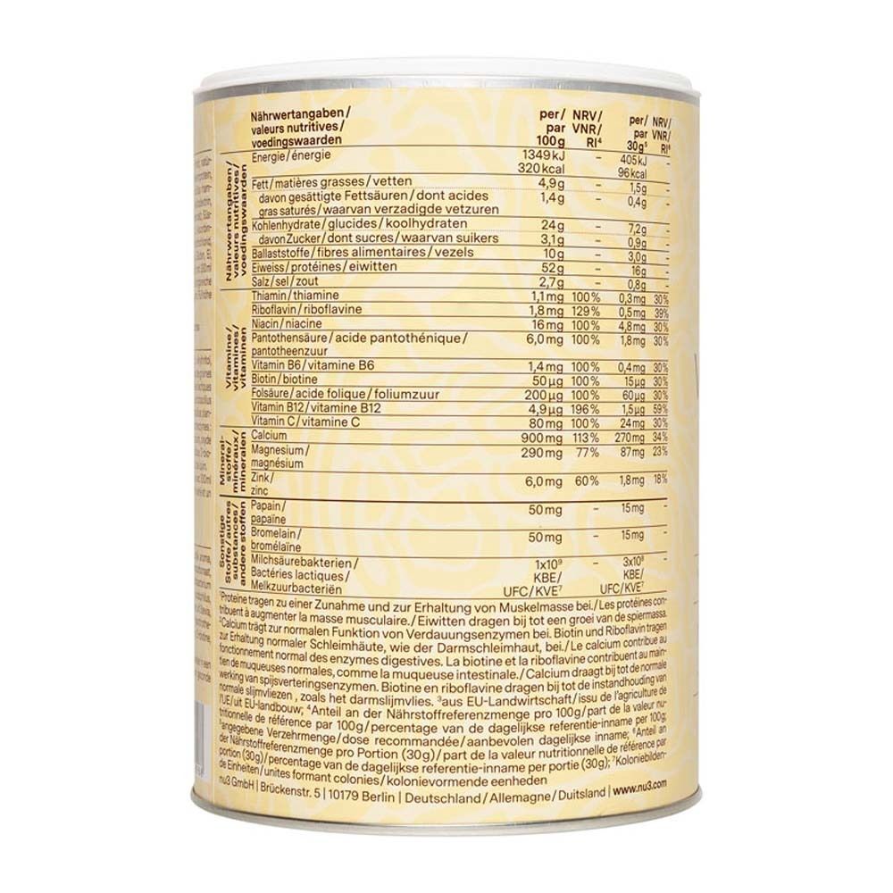 Dos de la boîte avec informations nutritionnelles. Texte en allemand, français et néerlandais.