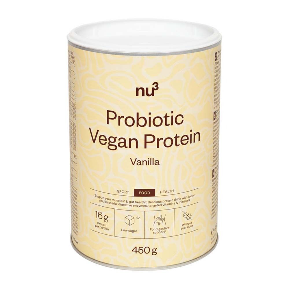 Boîte cylindrique "nu3 Probiotic Vegan Protein Vanilla". Boîte jaune avec couvercle blanc. 450g.
