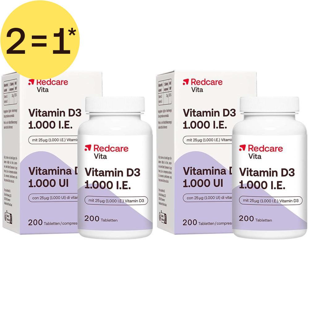 Deux boîtes de Redcare Vitamine D3 1000 UI contenant chacune 200 comprimés.