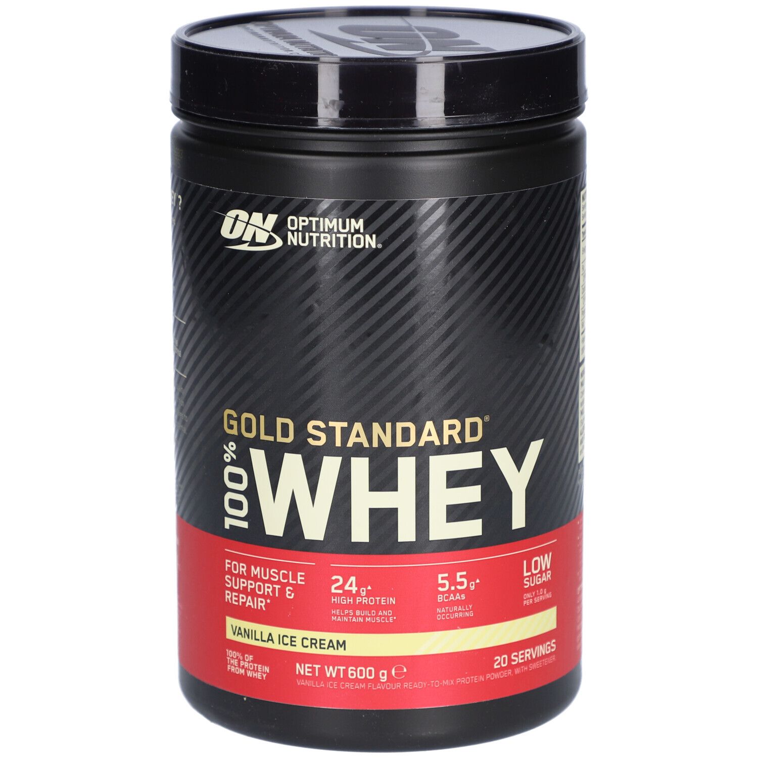 Pot noir avec couvercle. Inscription : Optimum Nutrition, Gold Standard 100% Whey, Vanilla Ice Cream. 600g.