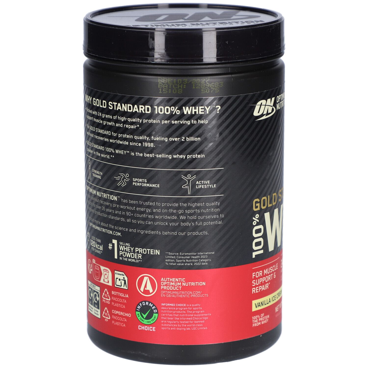 Dos du pot noir. Texte : Pourquoi Gold Standard 100% Whey ? Informations sur les ingrédients et la valeur nutritionnelle.