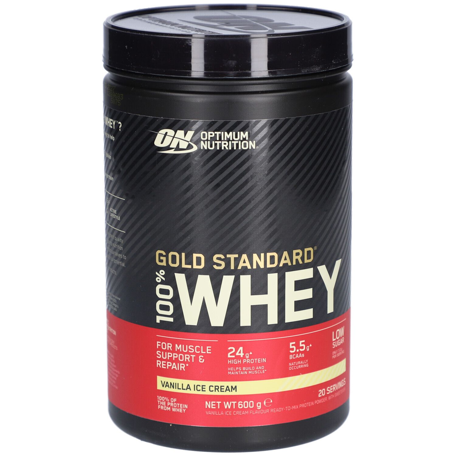 Pot noir avec couvercle. Inscription : Optimum Nutrition, Gold Standard 100% Whey, Vanilla Ice Cream. 600g.
