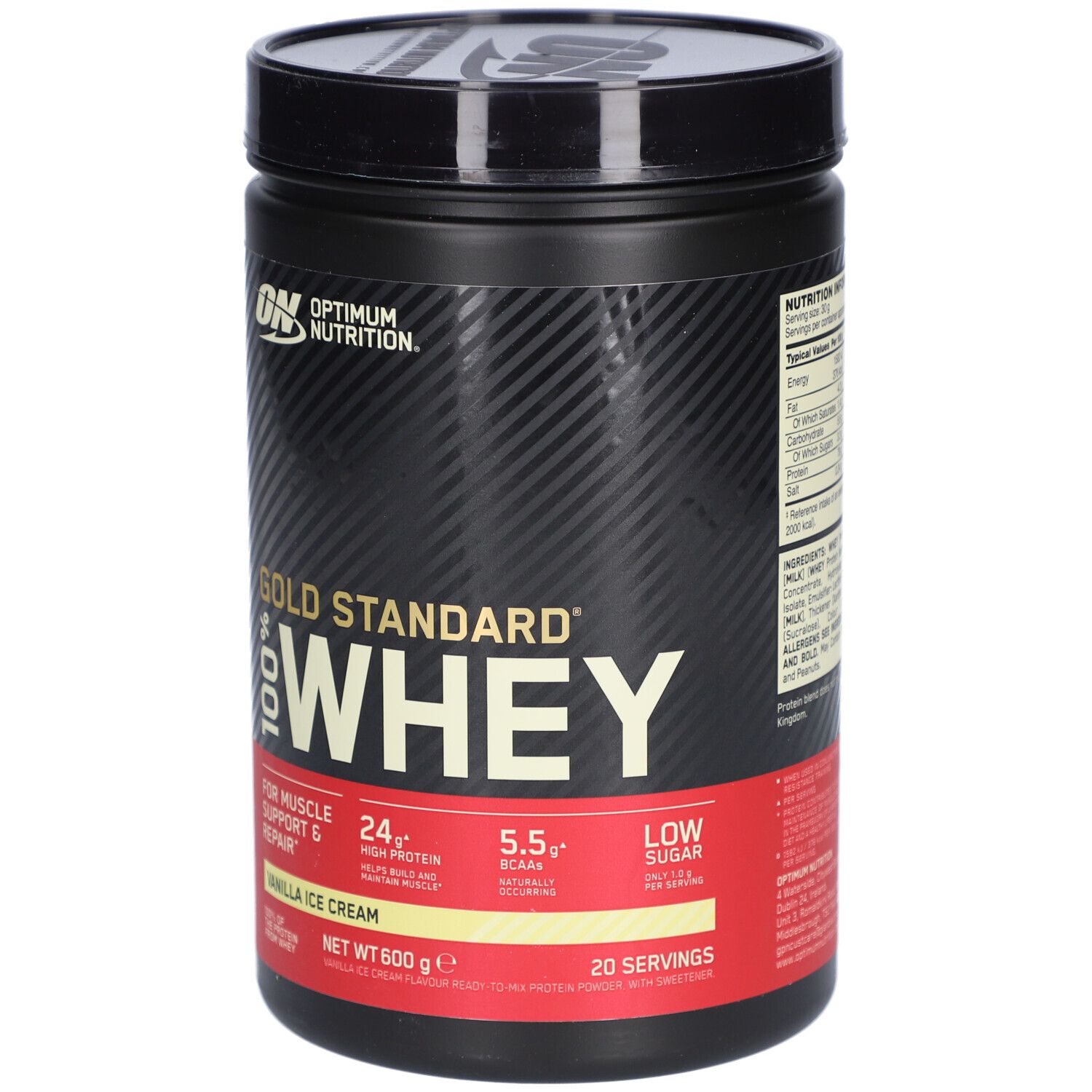 Pot noir avec couvercle. Inscription : Optimum Nutrition, Gold Standard 100% Whey, Vanilla Ice Cream. 600g.